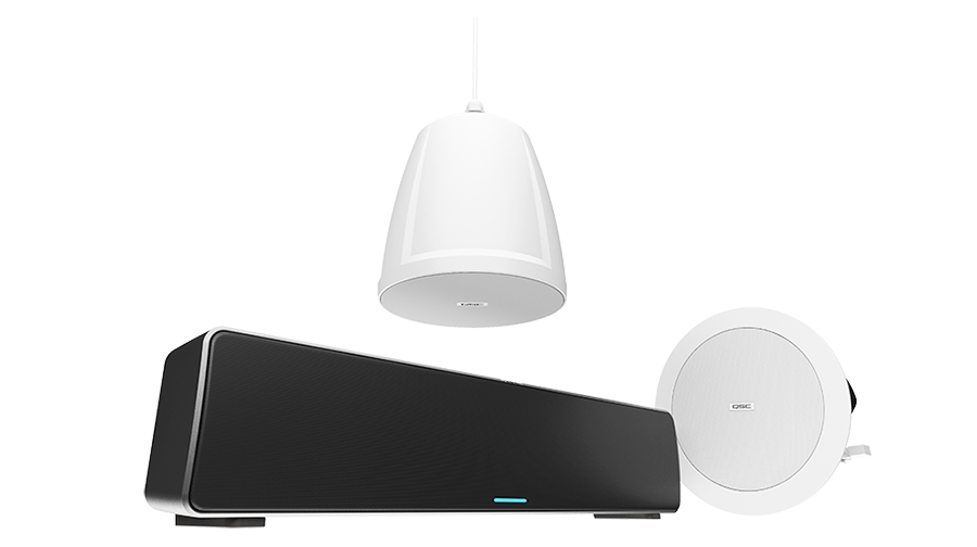 三款NL系列扬声器的合照，包括吊挂扬声器、吸顶扬声器和条形音箱