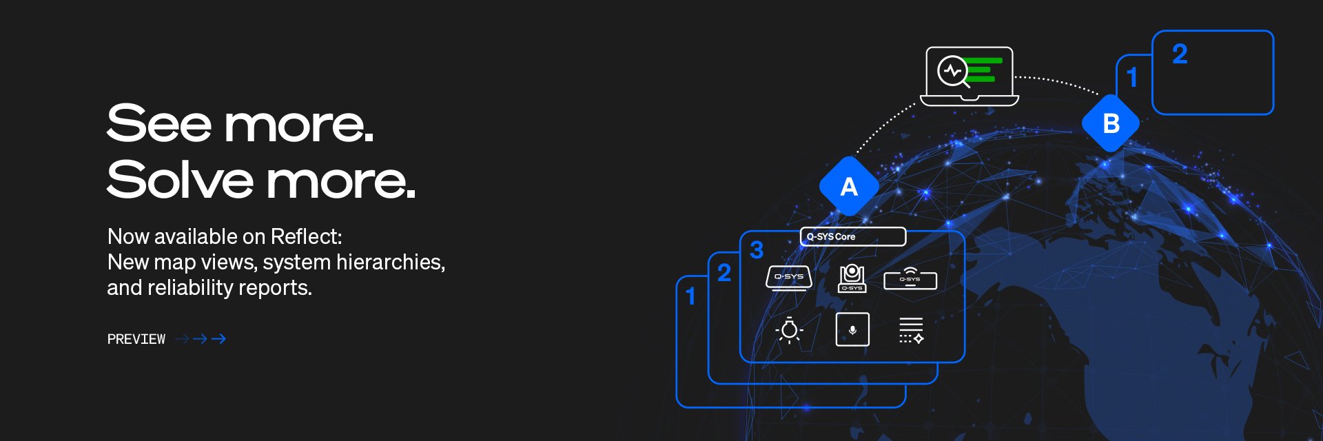 Q-SYS Reflect的标题文字为：“查看更多，解决更多问题；同时支持Reflect：全新导图视图、系统层级结构和可靠性报告”。