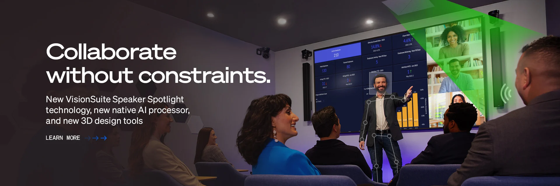 Q-SYS VisionSuite横幅，文字为“Collaborate without constraints; New VisionSuite Speaker Spotlight technology, new native AI processor, and new 3D design tools”（全新VisionSuite讲话人聚焦技术、全新原生AI处理器和全新3D设计工具）