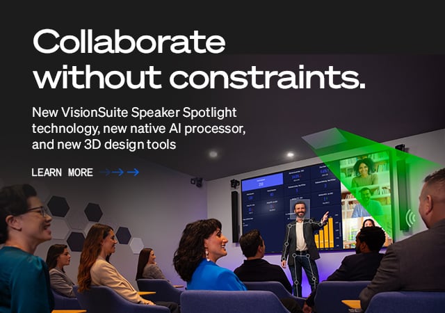Q-SYS VisionSuite横幅，文字为“Collaborate without constraints; New VisionSuite Speaker Spotlight technology, new native AI processor, and new 3D design tools”（全新VisionSuite讲话人聚焦技术、全新原生AI处理器和全新3D设计工具）