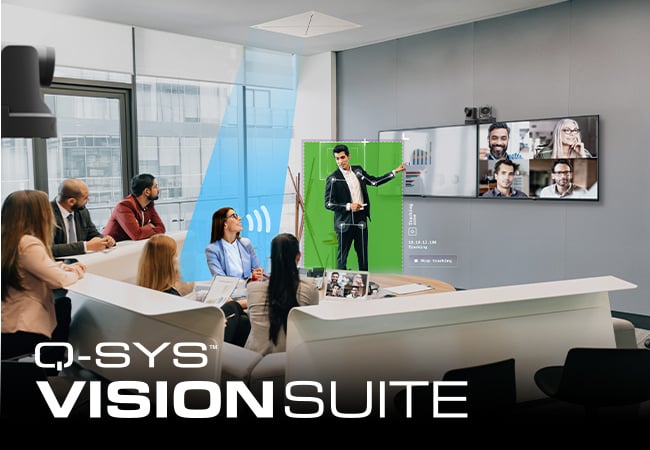 员工在会议室里,示意图上显示了VisionSuite摄像机和麦克风功能