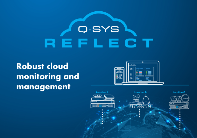 条幅文字为:“Q-SYS Reflect Robust cloud monitoring and management”(Q-SYS Reflect可靠的云监控和管理)